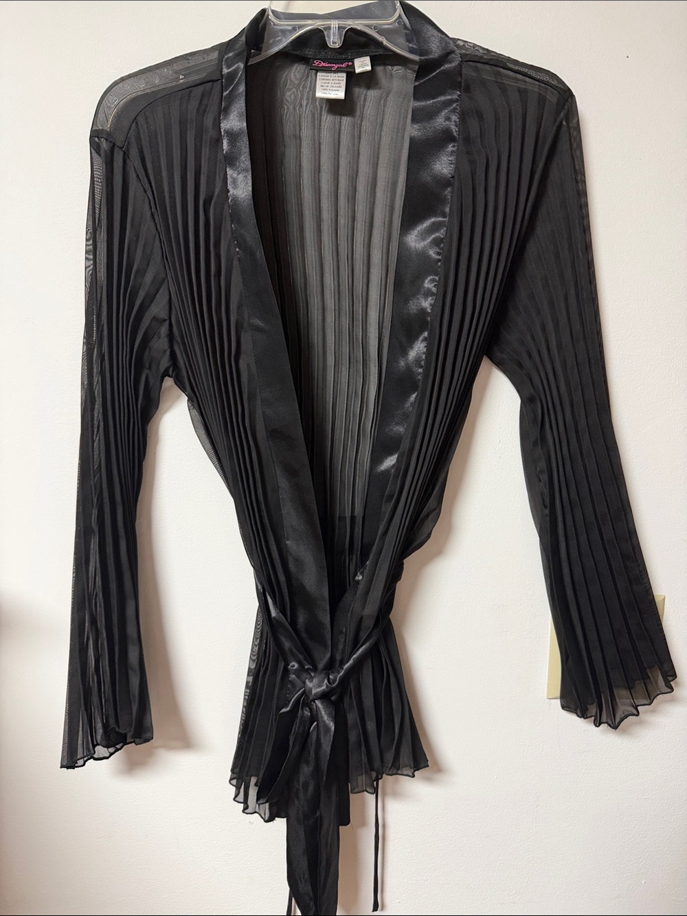 Dreamgirl Black Sheer Pleated Wrap Top with Satin Trim